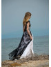 Cap Sleeves Black Lace White Chiffon V Back Wedding Dress